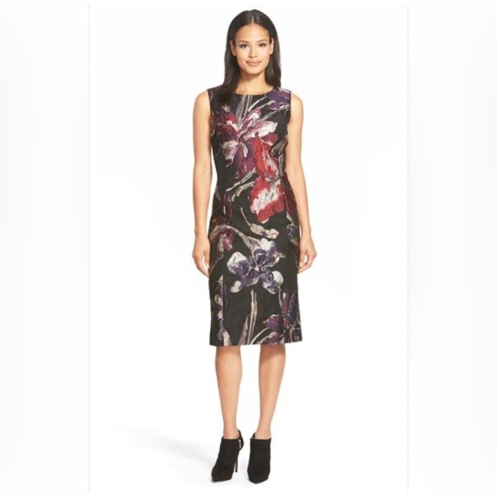 Lafayette 148 Jacquard Floral Sleeveless Sheath Dress Women's 4 Black Red